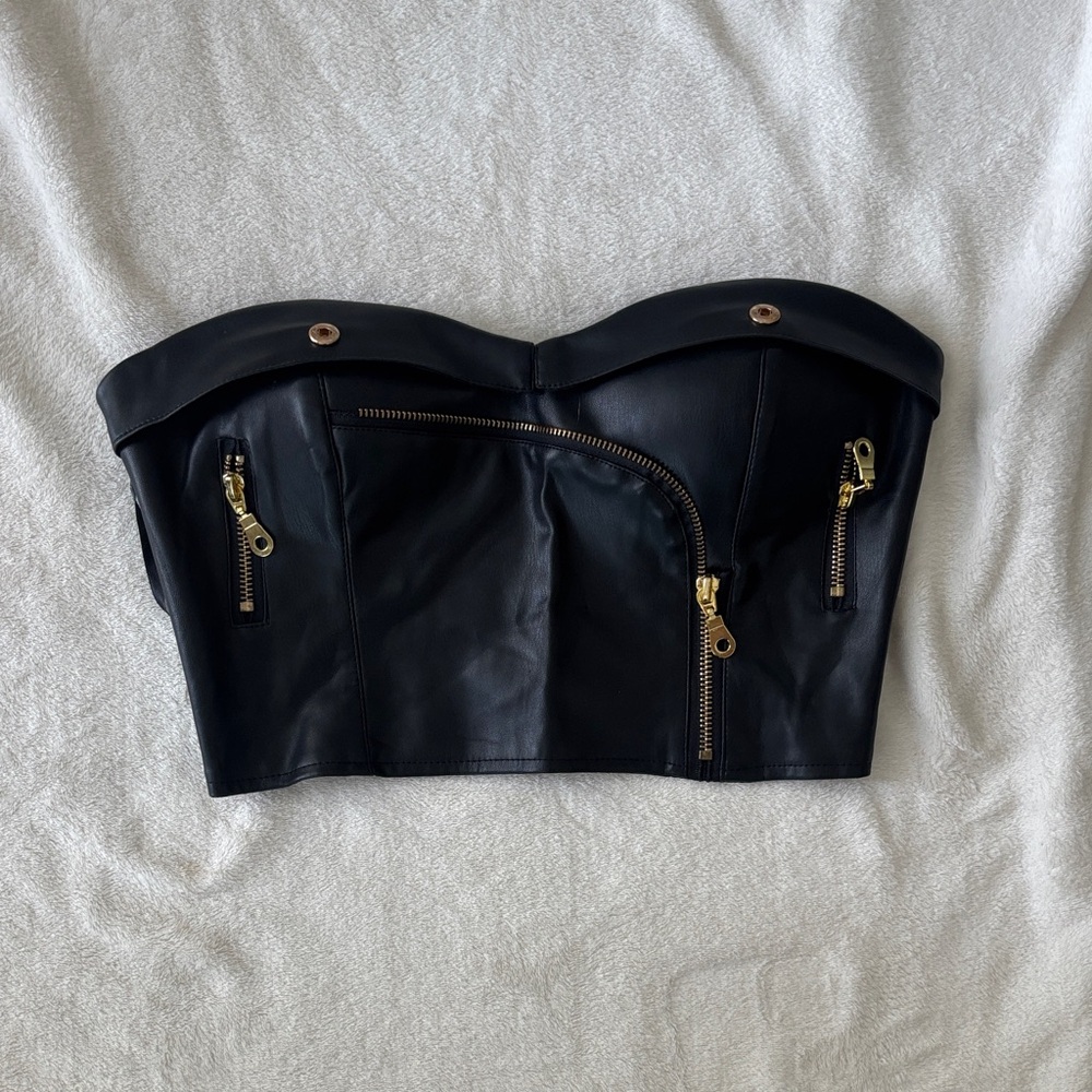 Superdown Lexy Moto Faux Leather Corset in Black